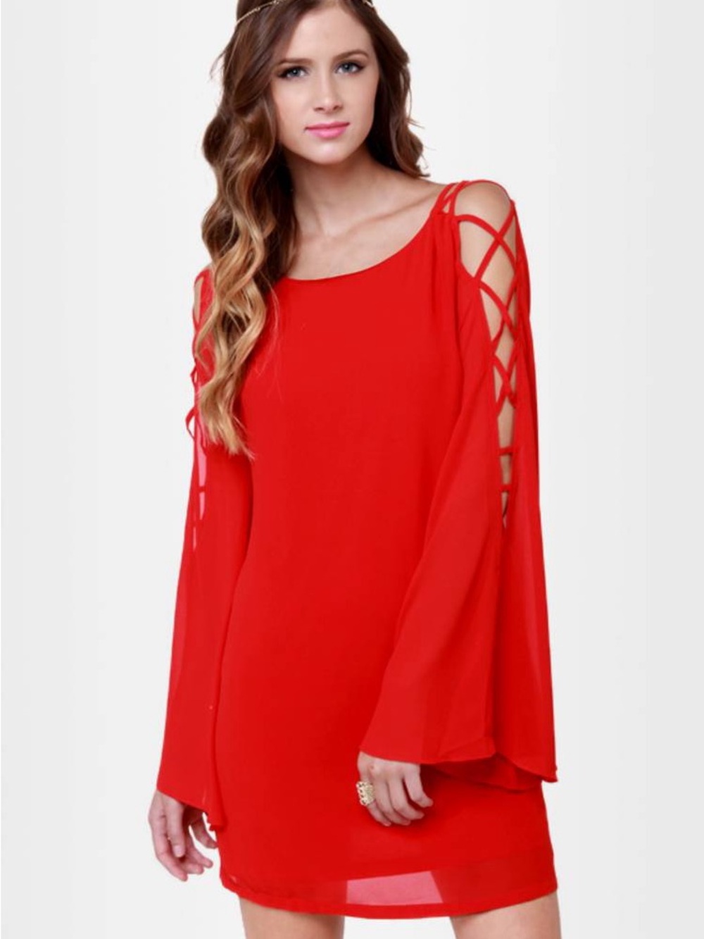 Umgee Women's Red Cold-Shoulder Lattice Sleeve Mini Dress size L